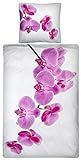 Aminata Kids - wunderschönes Bettwäsche-Set 135-x-200 cm Orchidee-Motiv Blume-n - Digital - 100-% Baumwolle Renforce Weiss-e pink-e rosa lila