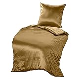THXSILK Seidenbettwäsche Set 2 teilig, Bettbezug 135 x 200 cm und 80 x 80 cm Kissenbezug, Hypoallergen 19 Momme Maulbeerseide Bettwäsche, Ultra Weich und Glatt, Gold