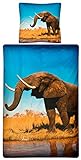 Aminata Kids - Kinder-Bettwäsche-Set 135-x-200 cm Elefant-en-Motiv Afrika Safari 100-% Baumwolle blau-e